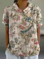 Detailed view of the vintage floral and bird print on women's lapel casual shirt - S / Tops / Creamy White (Flower and Bird Print)