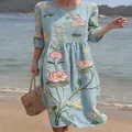Elegant light blue midi dress with 3D lotus floral print and casual round neck design - S / Dresses / Pale Blue Lotus (Y-26)