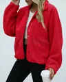Warm bright red fleece jacket with zip pockets and button front for stylish outdoor wear - S / Tops / Red
