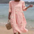 Elegant pink long casual dress featuring white floral embroidery and 3/4 sleeves - S / Dresses / Pink Ditsy Floral (Y-20)