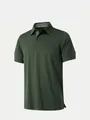 Primer plano del cuello y la tapeta de botones de un polo de hombre traspirable verde oscuro. - M / Tops / Verde Militar