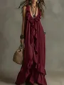 Elegantes burgunderrotes Boho-Maxikleid mit V-Ausschnitt und gestuften Volant-Details - S / Kleider / Burgunderrot