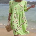 Green floral maxi dress with 3/4 sleeves and a round neck for a casual summer look - S / Dresses / Fruit Green Ditsy Floral (Y-17)