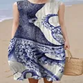 Elegant sleeveless casual maxi dress featuring a vibrant blue octopus print for beach summer - S / Dresses / Pattern 50