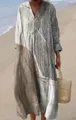 Loose V-neck printed long sleeve maxi dress with stylish checkered patterns for casual beach wear - S / Dresses / Pattern 8