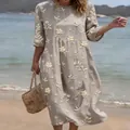 Boho floral printed linen maxi dress with round neck and half sleeves for summer - S / Dresses / Taupe Ditsy Floral (Y-18)