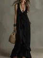 Elegantes schwarzes Boho-Maxikleid mit V-Ausschnitt, ärmellos und mit Rüschen - S / Kleider / Schwarz