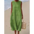 Casual sleeveless green long dress with elegant embroidered floral texture for summer beach - S / Dresses / Pattern 49
