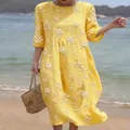 Yellow floral midi dress with round neck and half sleeves - S / Dresses / Bright Yellow Floral Print (Y-19)