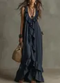 Elegantes dunkelblaues Boho-Maxikleid, ärmellos mit V-Ausschnitt und Rüschendetails - S / Kleider / Marineblau