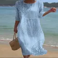 Light blue 3D printed casual midi dress with round neck and 3/4 sleeves - M / Dresses / Light Blue Large Round Print (Y-31)