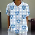 Women's casual blue checkered short-sleeve shirt with floral print and lapel collar - S / Tops / Light Blue Plaid Floral (Pattern 44)