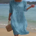 Women's blue casual long maxi dress with 3/4 sleeves and circular 3D digital print - S / Dresses / Blue Circle Texture Print (Y-33)