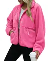 Veste élégante en polaire sherpa rose vif surdimensionnée pour femme avec poches pour l'automne - Rose rouge