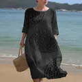 Elegant black women's long dress with circular 3D digital print and half sleeves. - S / Dresses / Dark Grey Concentric Circle Print (Y-32)