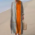 Loose V-neck long-sleeve maxi dress with orange and striped color-block print for women - S / Dresses / Pattern 9
