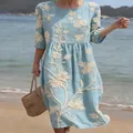 Light blue floral print maxi dress with 5-point sleeves and round neck design. - S / Dresses / Light Blue White Floral Print (Y-29)