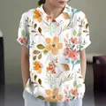 Casual short-sleeved women's blouse with a vibrant orange and pink watercolor floral print - S / Tops / White Orange Pink Floral (Pattern 36)
