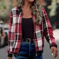 Fashionable slim fit red and black plaid long sleeve zip-up jacket for women in autumn - S / Tops / Red