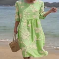 Elegant green 3/4 sleeve midi dress with round neck and cream floral embroidery patterns - S / Dresses / Light Green Rice White Floral Print (Y-30)