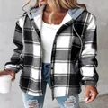 Stylish casual women's black and white plaid hooded jacket shacket for autumn and winter - S / Tops / Black Plaid