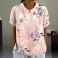 Women's elegant loose short-sleeve floral print top with a casual turnover collar. - S / Tops / Pink Large Floral (Pattern 33)