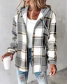 Casual grey and white plaid hooded jacket for women with cozy white fleece lining - S / Tops / Light Grey Plaid