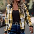 Stylish yellow and black plaid zip-up bomber jacket with ribbed cuffs for women - S / Tops / Yellow