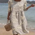 Beige floral print midi dress with round neck and half sleeves for summer beach - S / Dresses / Beige White Floral Print (Y-27)