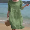 Women's sage green casual midi dress with textured 3D circular pattern and 3/4 sleeves - S / Dresses / Sage Green Circular Position Print (Y-34)