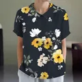 Women's loose casual short sleeve blouse featuring vibrant floral print and elegant lapel collar - S / Tops / Dark Base Yellow White Floral (Pattern 43)