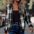 Fashionable black and white plaid print long sleeve slim fit zipper jacket for women - S / Tops / Gray