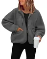 Veste décontractée en polaire sherpa gris foncé pour femme avec poche zippée contrastée - Gris foncé