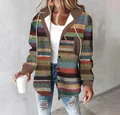 Fashionable women's casual hooded jacket featuring vibrant colorful horizontal knit stripes - S / Tops / Brown Stripes