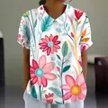 Casual floral short sleeve polo shirt for women in loose fit style with vibrant print - S / Tops / Multicolor Art Print (Pattern 25)