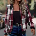 Trendy burgundy and white plaid slim-fit women's long sleeve jacket with front zipper closure - S / Tops / Burgundy
