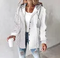 Women's white cable knit hooded jacket with grey contrast hood and button closure. - S / Tops / Off-White