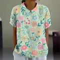 Casual loose short-sleeve lapel blouse with vibrant floral print in mint green - S / Tops / Light Green Multicolor Floral (Pattern 28)