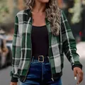 Slim fit women's zip-up bomber jacket featuring green and white plaid pattern design - Green