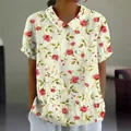 Elegant loose fit casual women's short-sleeved lapel top with pink rose floral print - S / Tops / Off-White Pink Rose (Pattern 29)