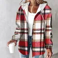Women's classic red and white plaid hooded jacket for casual autumn and winter wear - S / Tops / Khaki Red