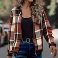 Stylish women's autumn slim-fit jacket featuring a classic plaid print and zipper - Brown