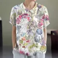 Women's casual loose short sleeve lapel top with watercolor floral botanical print - S / Tops / Watercolor Floral (Pattern 31)