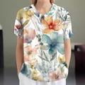 Women's casual loose short sleeve polo shirt with watercolor floral print design - S / Tops / Colorful Watercolor Floral (Pattern 32)