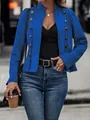 Vibrant blue retro double-breasted faux suede jacket featuring a chic stand collar - Blue