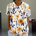 Elegant women's white floral print loose casual lapel short sleeve blouse top - S / Tops / Bright Yellow Floral (Pattern 37)