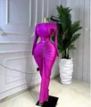 Fuchsia long-sleeve crop top and ruched maxi skirt two-piece set on mannequin display - S / Top And Bottom / Rose Red