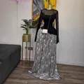 Robe d'automne pour femme avec manches en mesh et jupe longue plissée imprimée - S / Noir Imprimé