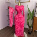 Elegante abito lungo tie-dye rosa con maniche lunghe e un foulard coordinato per donna - Taglia S / Top E Pantaloni / Rosso rosa
