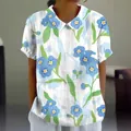 Women's casual white short-sleeved lapel top featuring a blue floral forget-me-not print - S / Tops / Blue Forget-Me-Not Floral (Pattern 40)